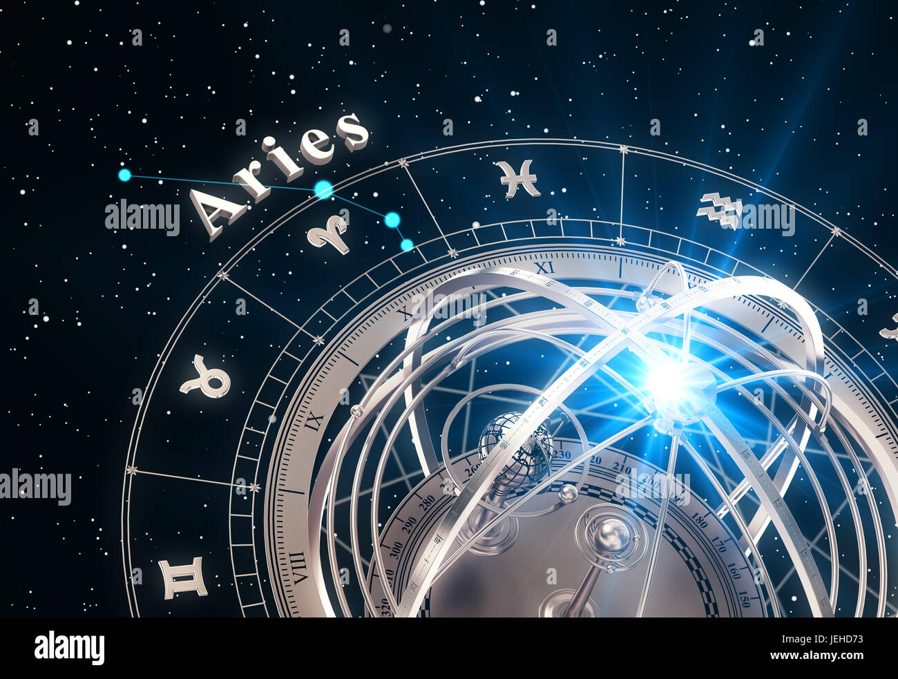 Signe du Zodiaque Bélier et sphère armillaire sur fond noir Banque D'Images