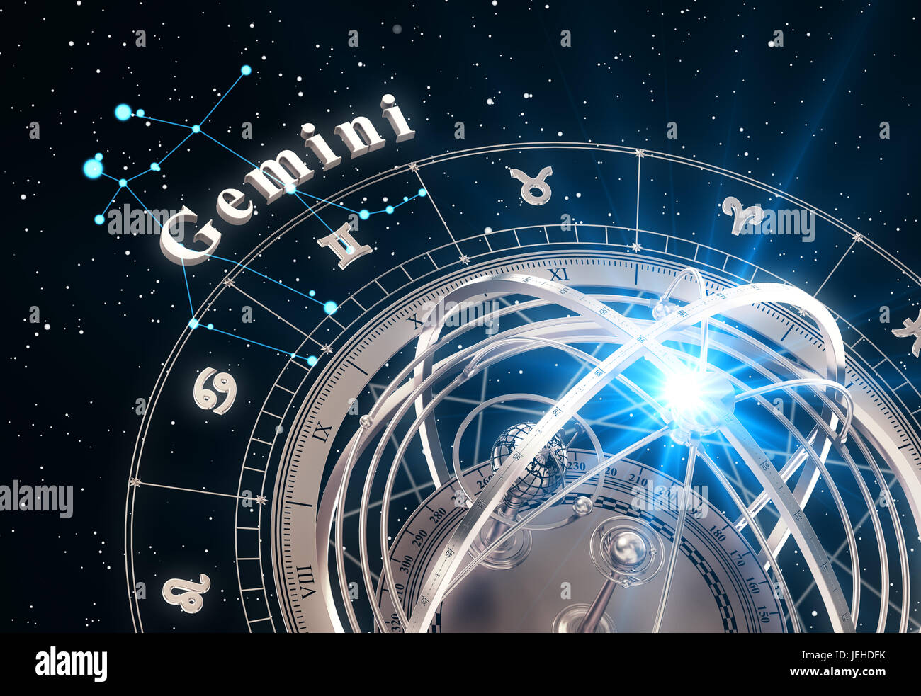 Signe astrologique Gémeaux et sphère armillaire sur fond noir Banque D'Images