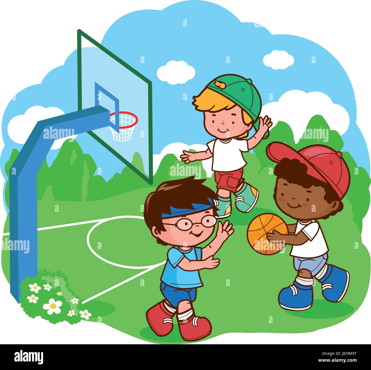 Les enfants jouent au basket-ball en équipe. Garçons heureux, équipe d'élèves enfants à l'école, jouer au basket-ball à l'extérieur. Illustration vectorielle Illustration de Vecteur