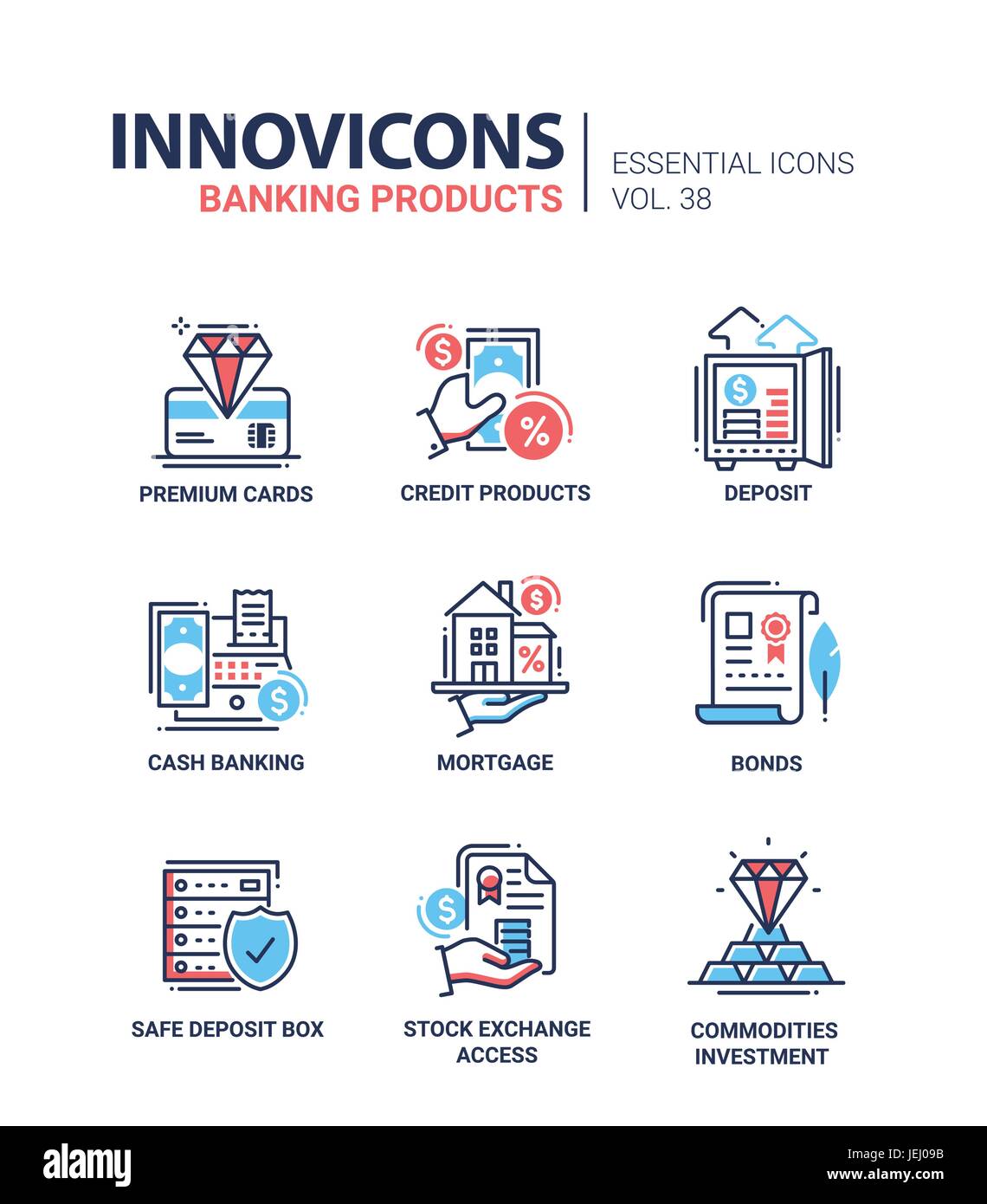 Produits Bancaires - vecteur moderne design ligne icons set. Carte Premium, produit de crédit, de dépôt, de paiement, de prêts hypothécaires, d'obligations, d'un coffre-fort, accès à la bourse, Illustration de Vecteur