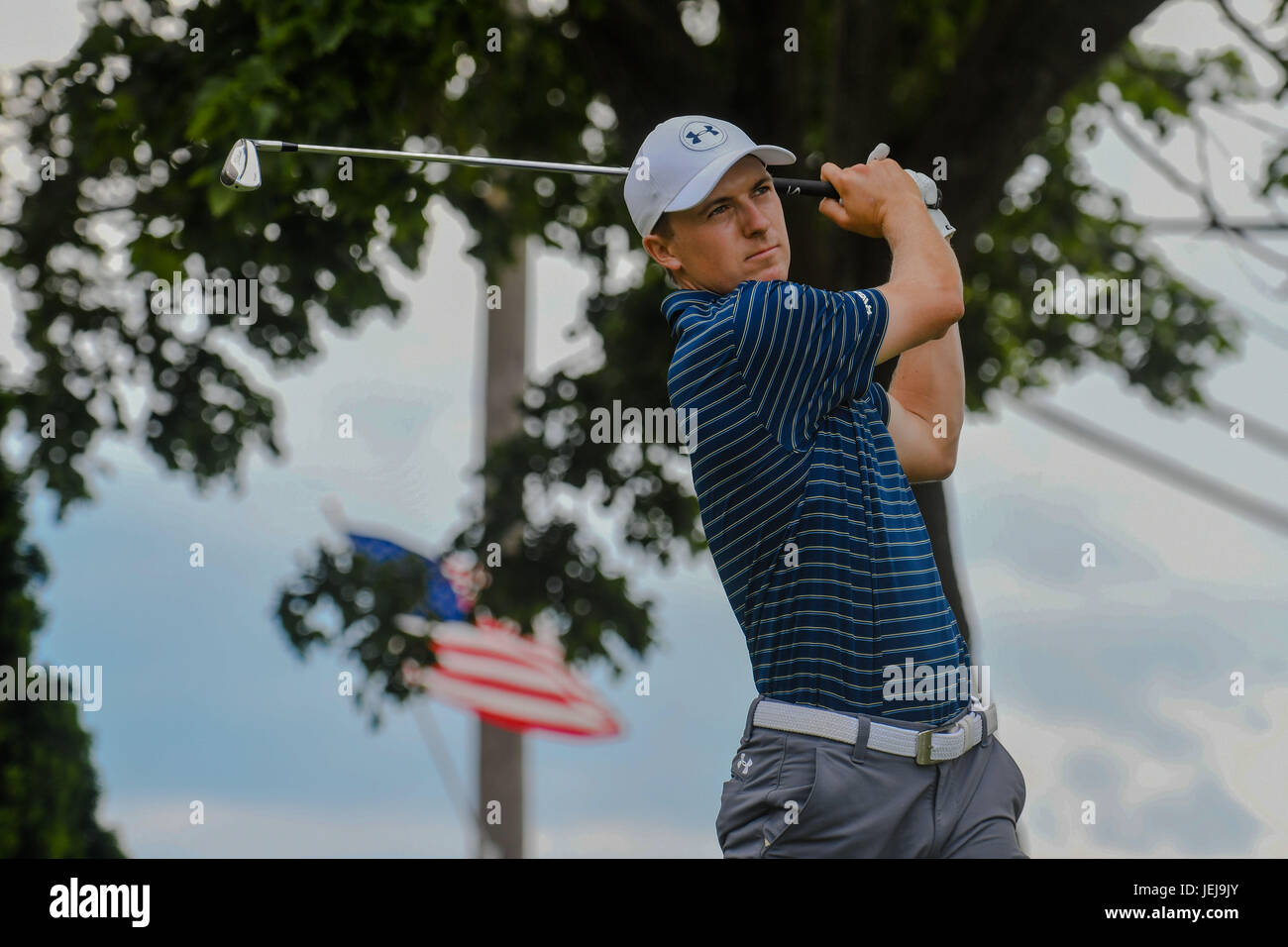 Dimanche 25 Juin 2017 : Jordan Spieth tees au large de la 9e trou lors de la ronde finale du Championnat de Golf de voyageurs à PTC River Highlands à Cromwell, Connecticut. Gregory Vasil/CSM Banque D'Images