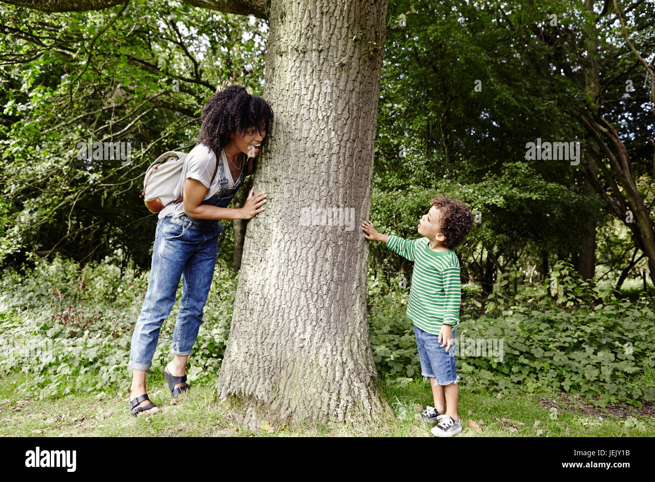 Mère avec fils jeu près de l'arbre Banque D'Images