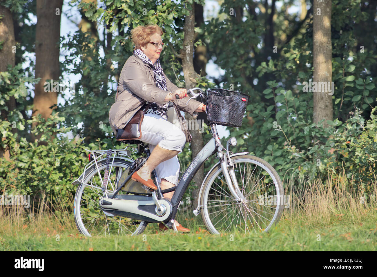 Femme âgée sur Sparta e-bike. Sparte est un fabricant de vélos hollandais  basé à Apeldoorn. Il a également produit des motos et scooters Photo Stock  - Alamy