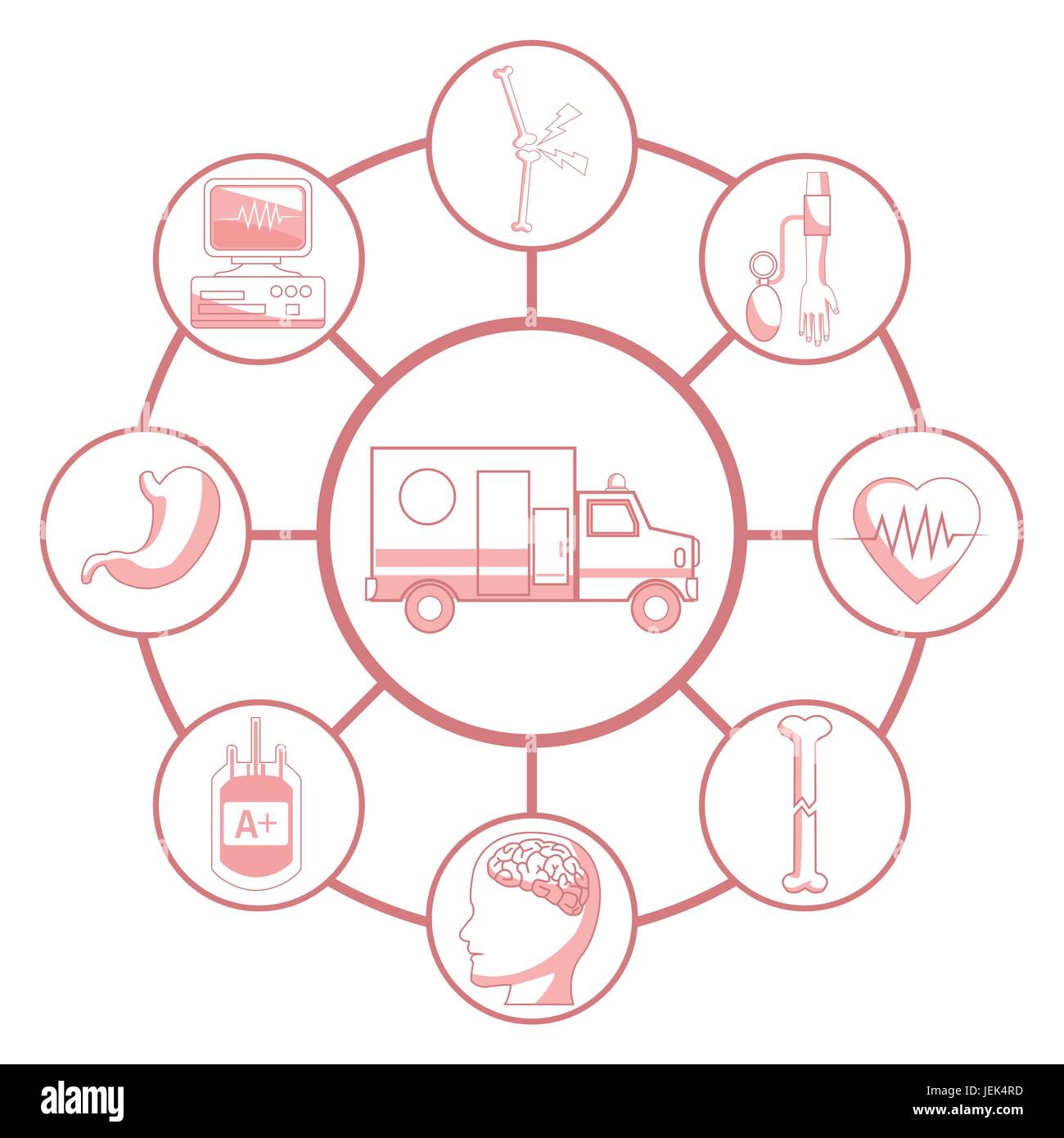 Fond blanc avec des sections de couleur rouge silhouette ambulance connecté à des cadres de la santé éléments circulaires Illustration de Vecteur