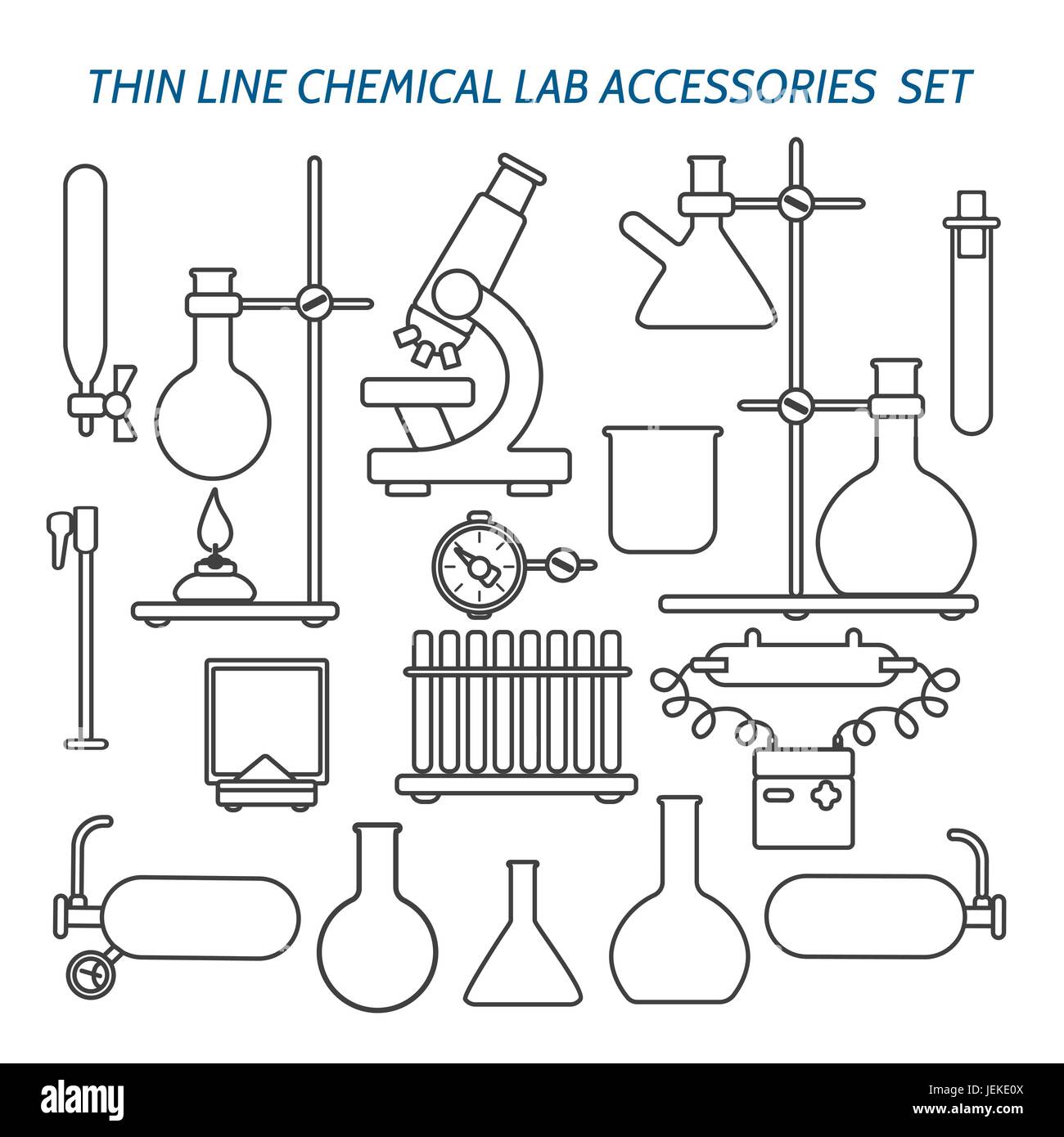 Fine ligne matériel de laboratoire chimique et accessoires set. La science de la biologie et de l'ingénierie médicale icônes vecteur linéaire Illustration de Vecteur