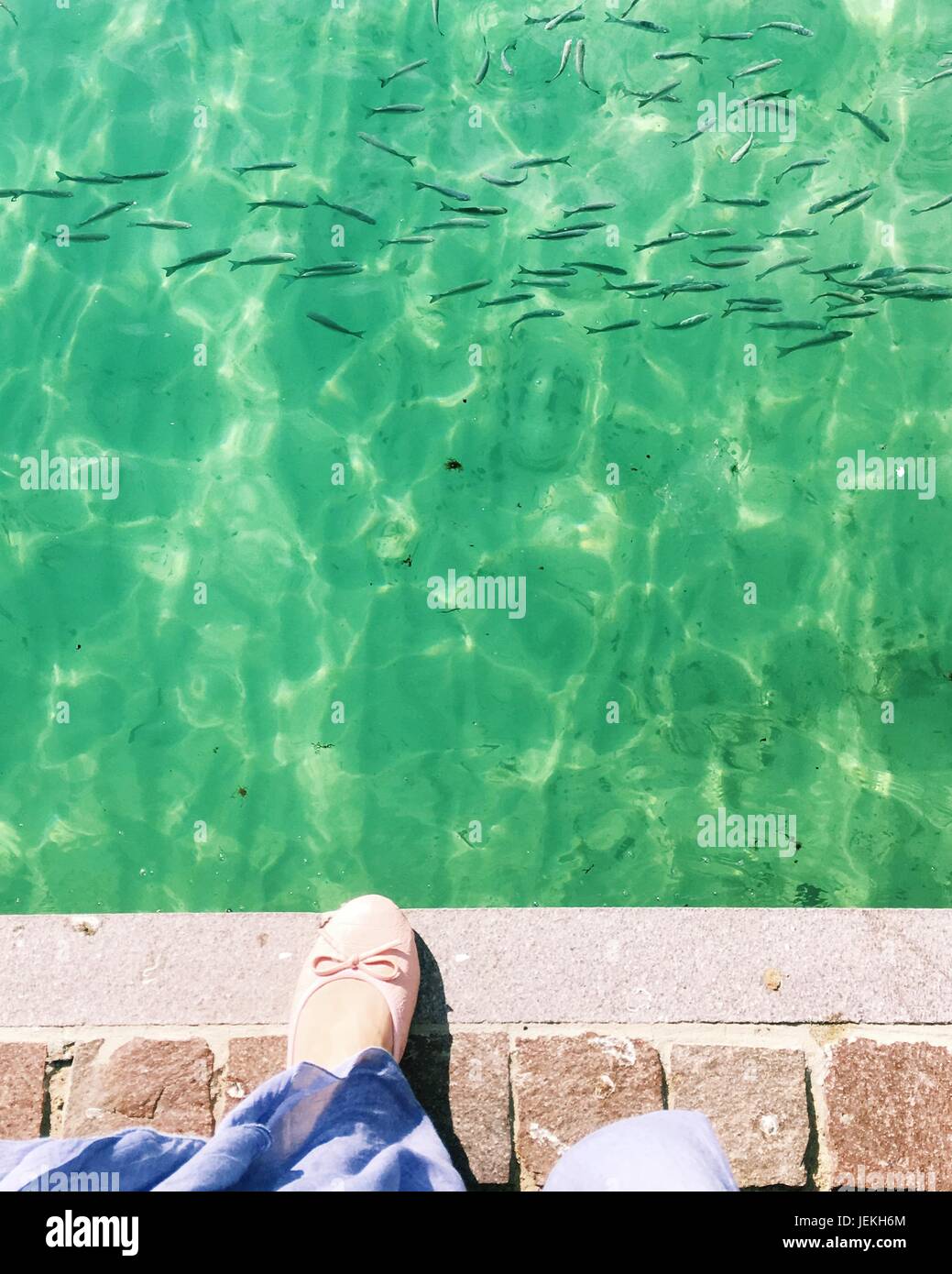 Pieds de femme debout sur dock en nage du poisson en mer Banque D'Images Pieds de femme debout sur dock en nage du poisson en mer Banque D'Images