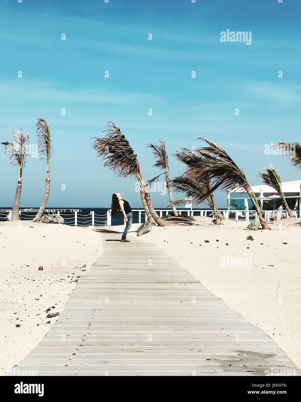 Woman standing on beach se penchant en arrière dans le vent Banque D'Images Woman standing on beach se penchant en arrière dans le vent Banque D'Images