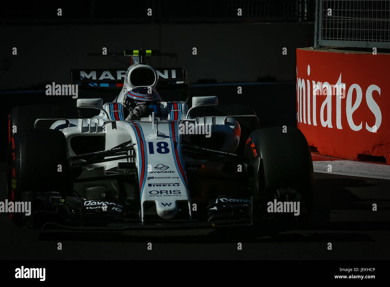 Pilote de Formule 1 Du Canada Lance Stroll de Williams F1 Team Martini Racing en action au cours de la 2017 Grand Prix de Formule 1 de l'Azerbaïdjan à la ville de Bakou en circuit Bakou, Azerbaïdjan, 25 juin 2017. (Photo par Aziz Karimov / Pacific Press) Banque D'Images