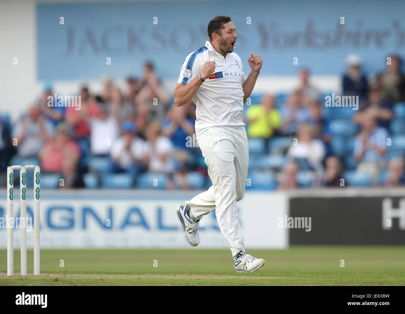 Yorkshire's Tim Bresnan célèbre après avoir pris le guichet de Surrey's Rory Burns au cours de la Division, Championnat du comté de Specsavers un match à Headingley, Leeds. Banque D'Images