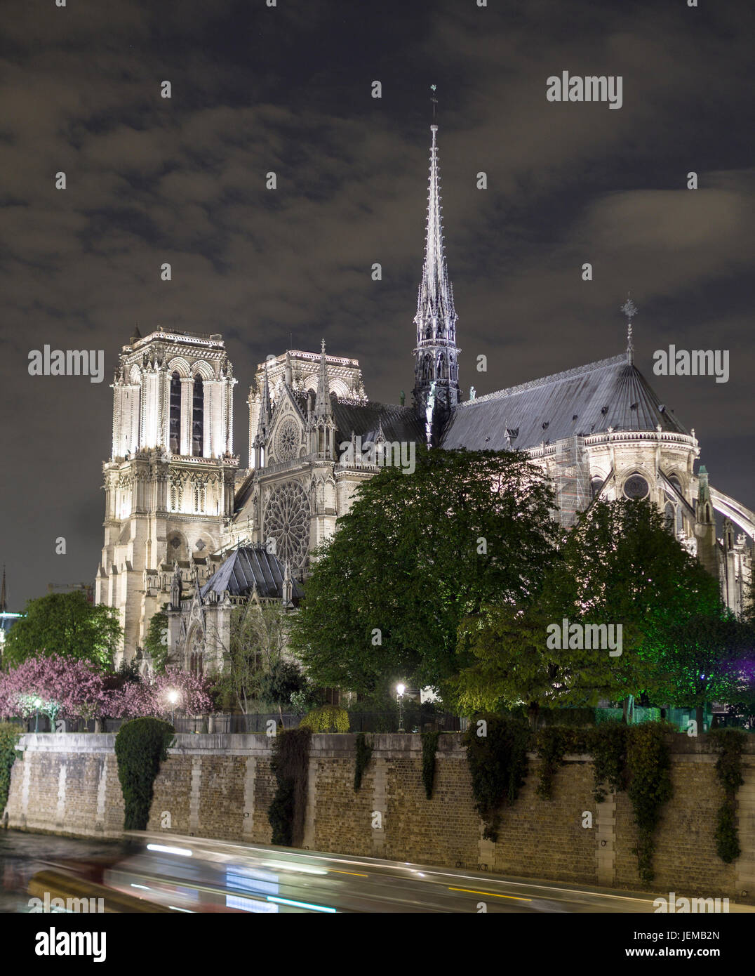 Un court de la cathédrale Notre-Dame de l'autre côté de la Seine : La rivière forme une base pour ce soir vue sur la célèbre cathédrale façade ouest. La floraison des arbres fleuris au printemps allumé par un bateau de passage. Banque D'Images