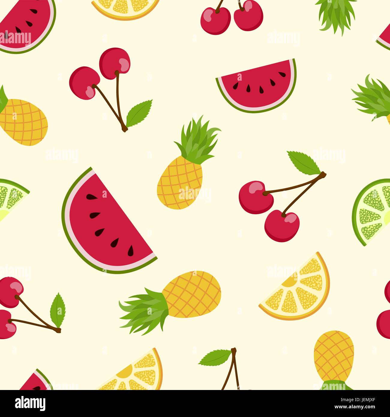 Les fruits d'été avec motif transparent décoration tropicaux colorés. Comprend la cerise, orange, pastèque, ananas. Vecteur EPS10. Illustration de Vecteur