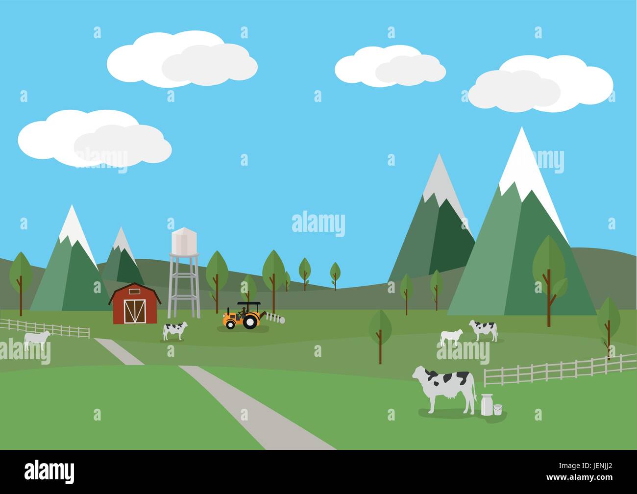 Paysage rural avec des vaches et la ferme de style plat vector illustration. Illustration de Vecteur