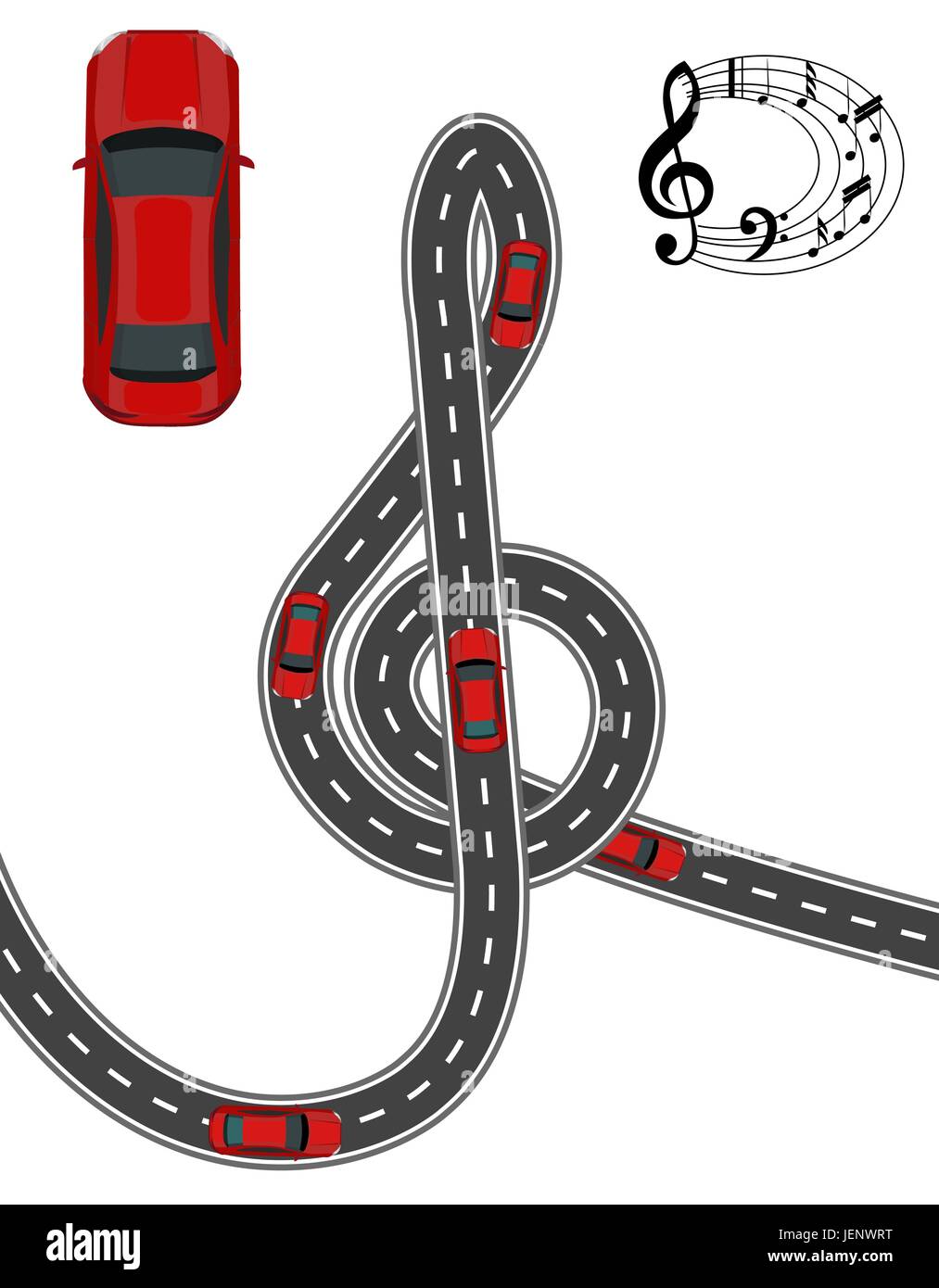 La route est stylisée à la forme d'une clé de sol. Voiture rouge. La musique sur la route. Dimensions volumétriques sans un maillage et un dégradé. Illustration isolé. Illustration de Vecteur