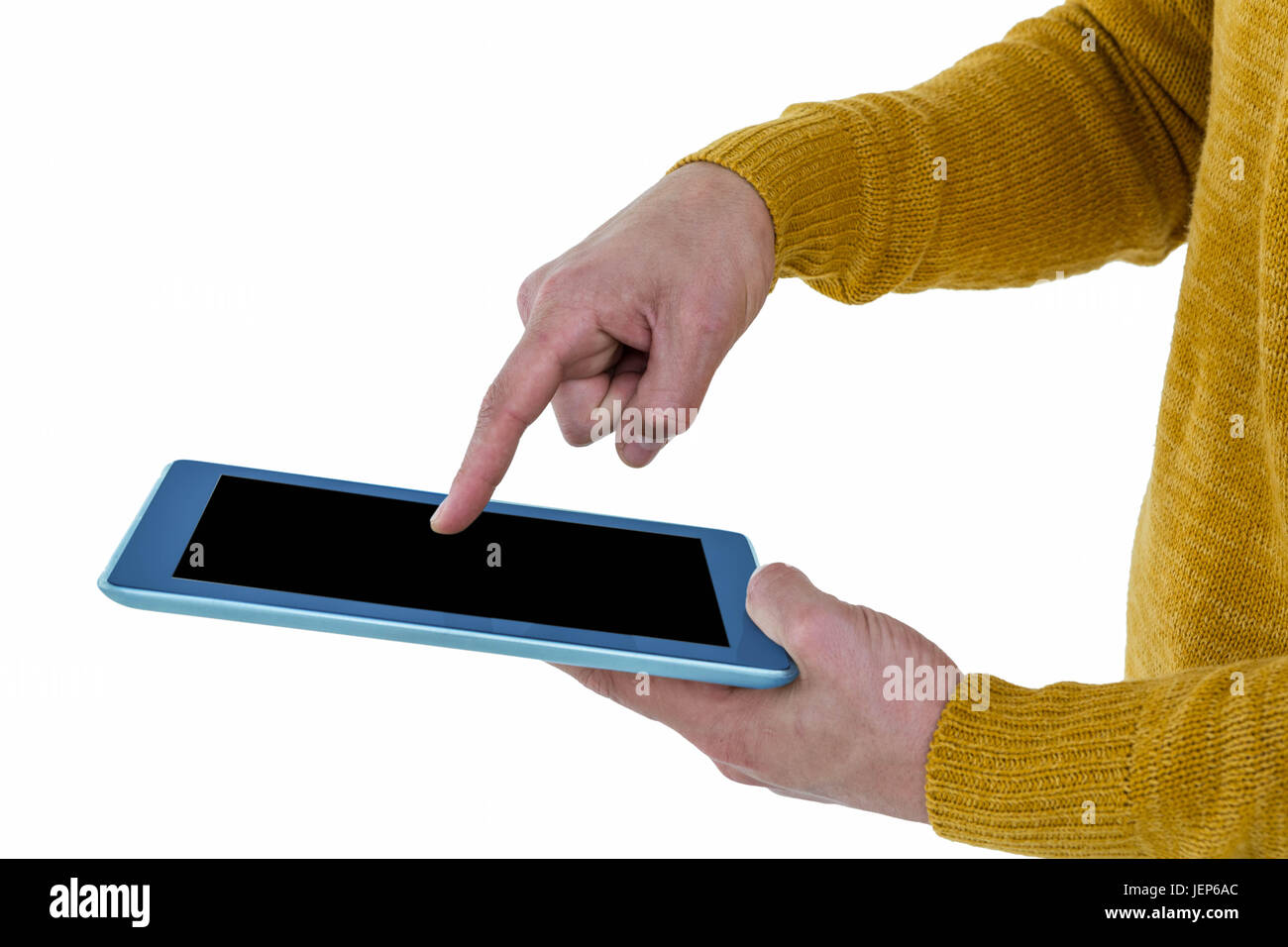 Hipster homme pointant sur tablette Banque D'Images