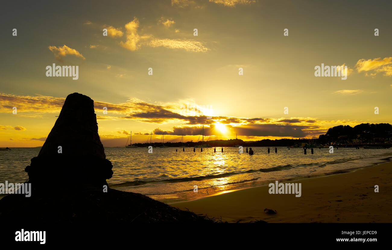 Coucher du soleil dans les régions tropicales plage de Sainte Anne - Mer des Caraïbes - Guadeloupe tropical island Banque D'Images