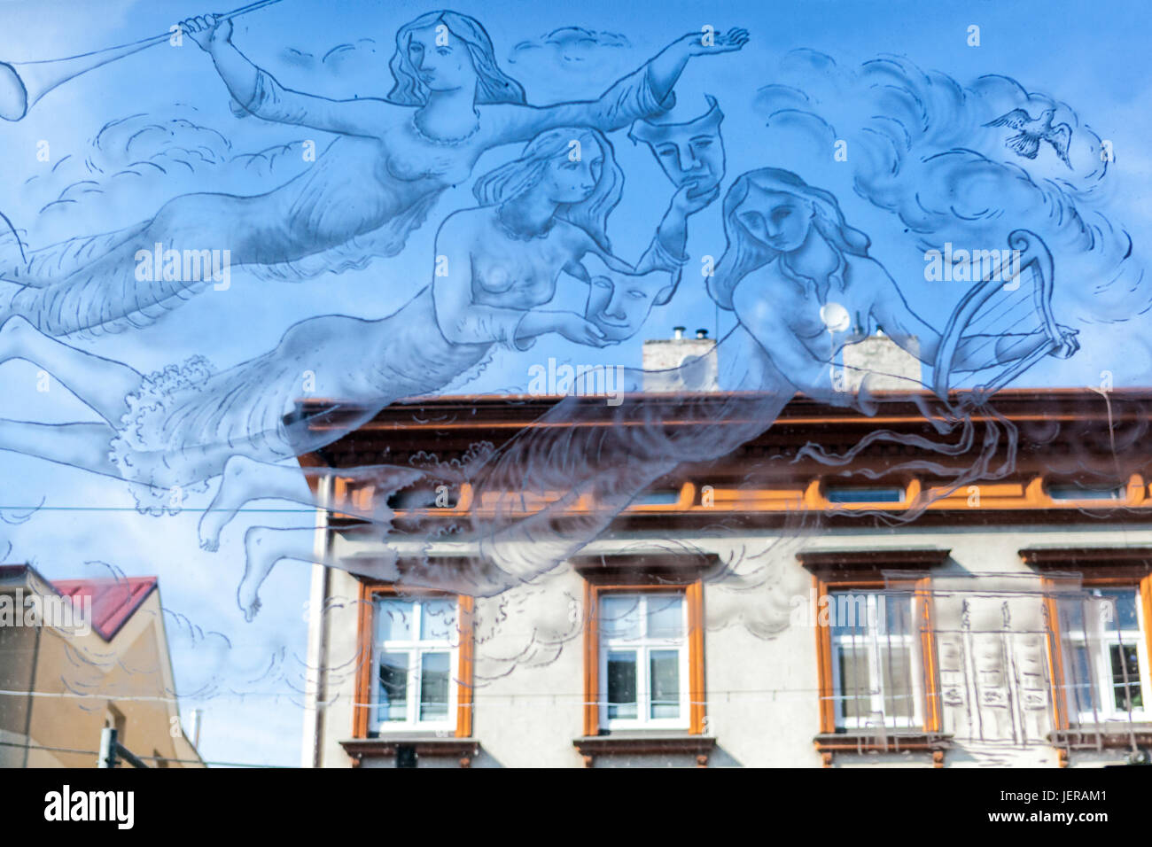 Théâtre, décor sur verre, Kolin, Central Bohemia, République Tchèque, Europe Banque D'Images