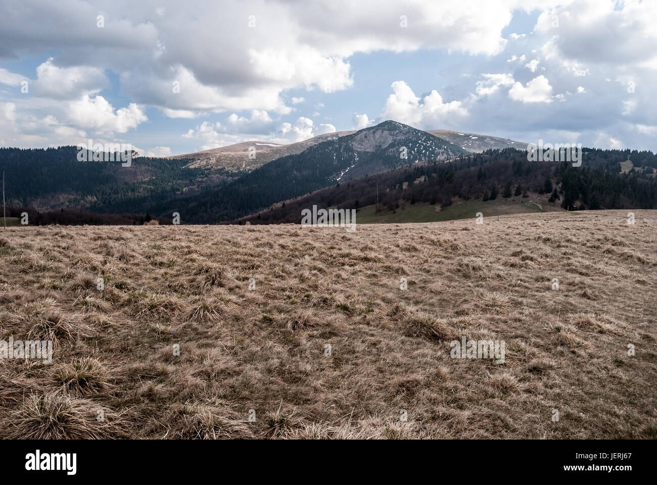 Panorama de Velka Fatra printemps montagnes près de chyzky guide dans la région de Liptov en Slovaquie avec prairie de montagne, collines avec de petits champs de neige et blu Banque D'Images