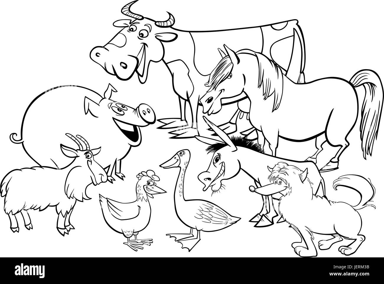 Cartoon noir et blanc Illustration de caractères des animaux de ferme à colorier de groupe Illustration de Vecteur