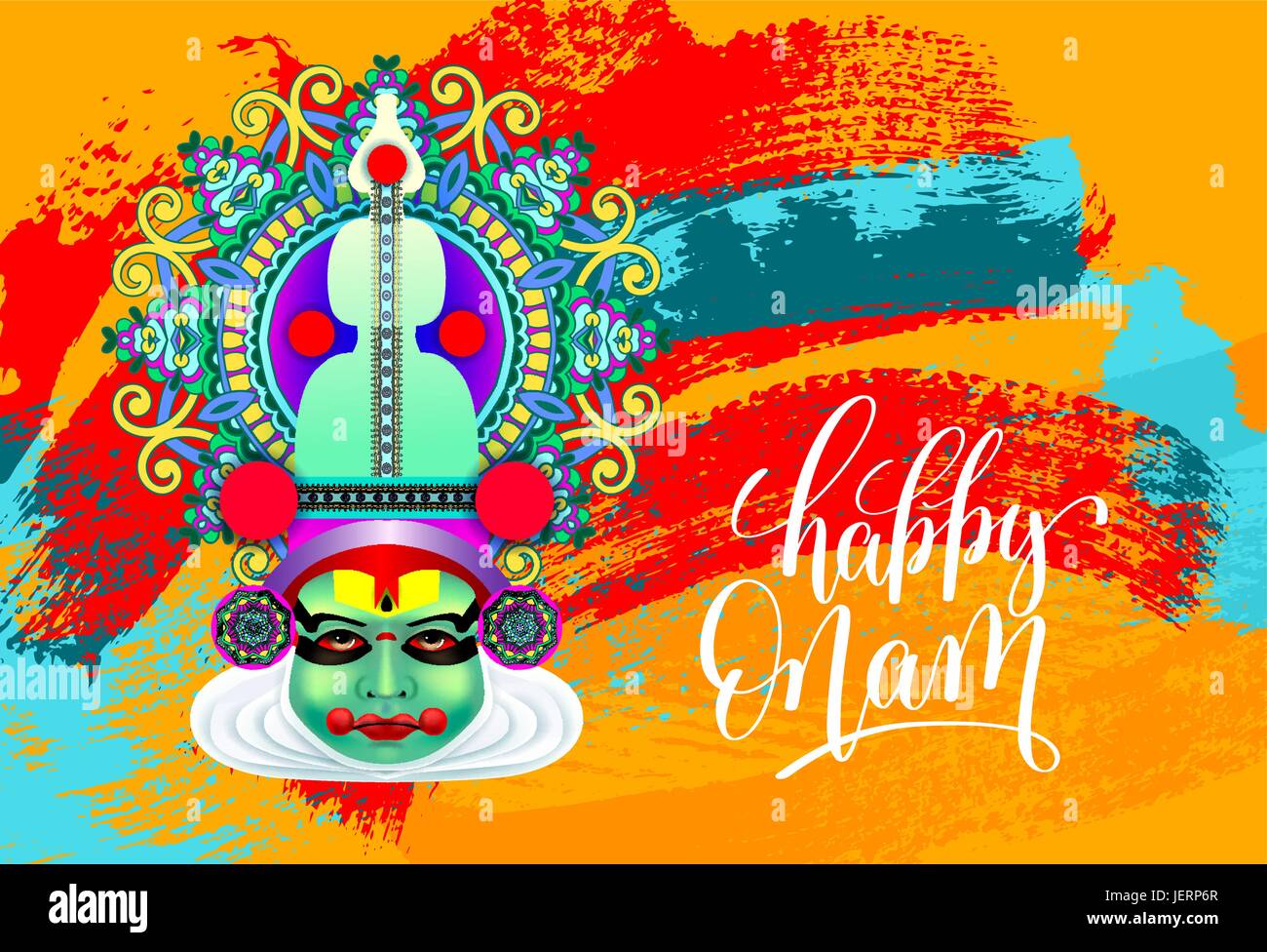 Heureux onam carte de vœux kathakali indien danseur visage Illustration de Vecteur