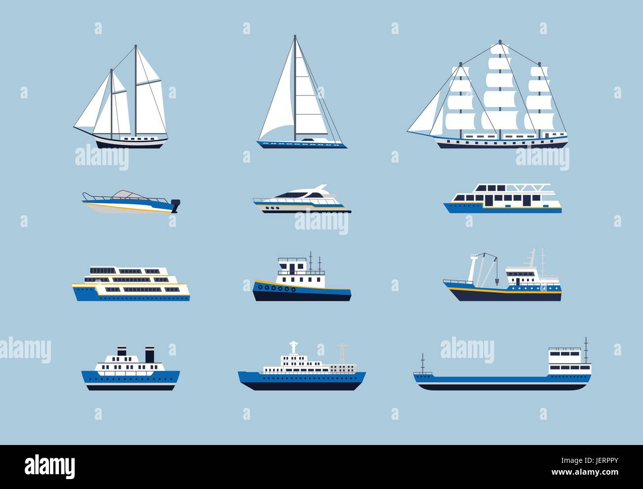 Transport de l'eau - vecteur moderne design plat icons set. Location de voiture, transporteur, navire à passagers, voile, bateau, enseigne de remorqueur, bateau à moteur, bateau de vitesse. Pie Illustration de Vecteur