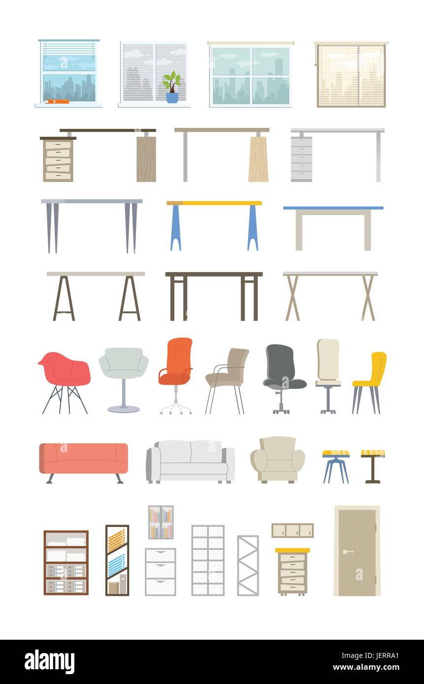 Office Essentials - vecteur de couleur moderne télévision icons set. Grande variété d'un bureau, chaise, fenêtre, vue sur la ville, canapé, rideaux, canapé, fauteuil, porte, tiroir, Illustration de Vecteur