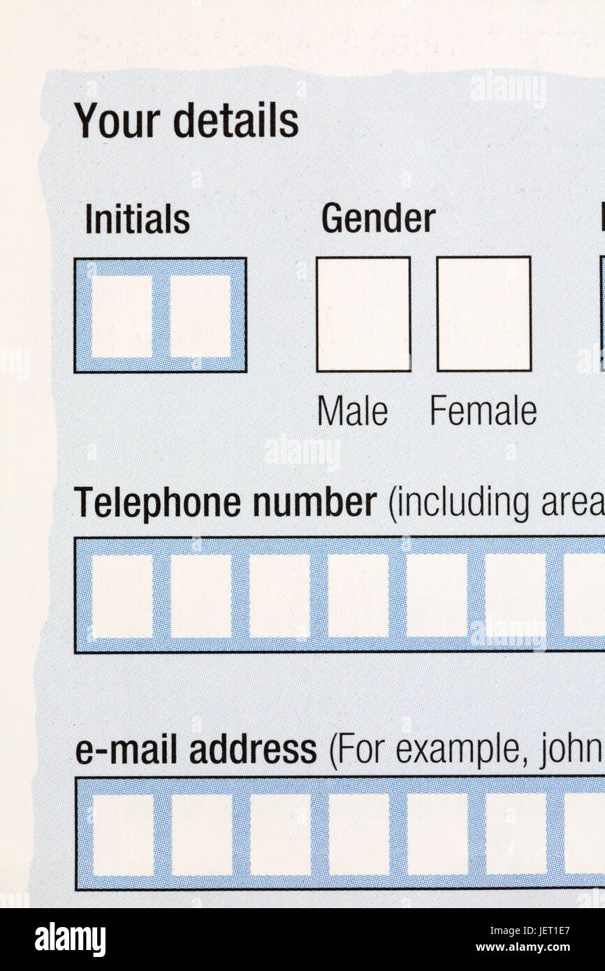 Des boîtes sur formulaire à remplir pour l'égalité avec les options de sexe masculin ou féminin, initiales, le numéro de téléphone et e-mail Banque D'Images