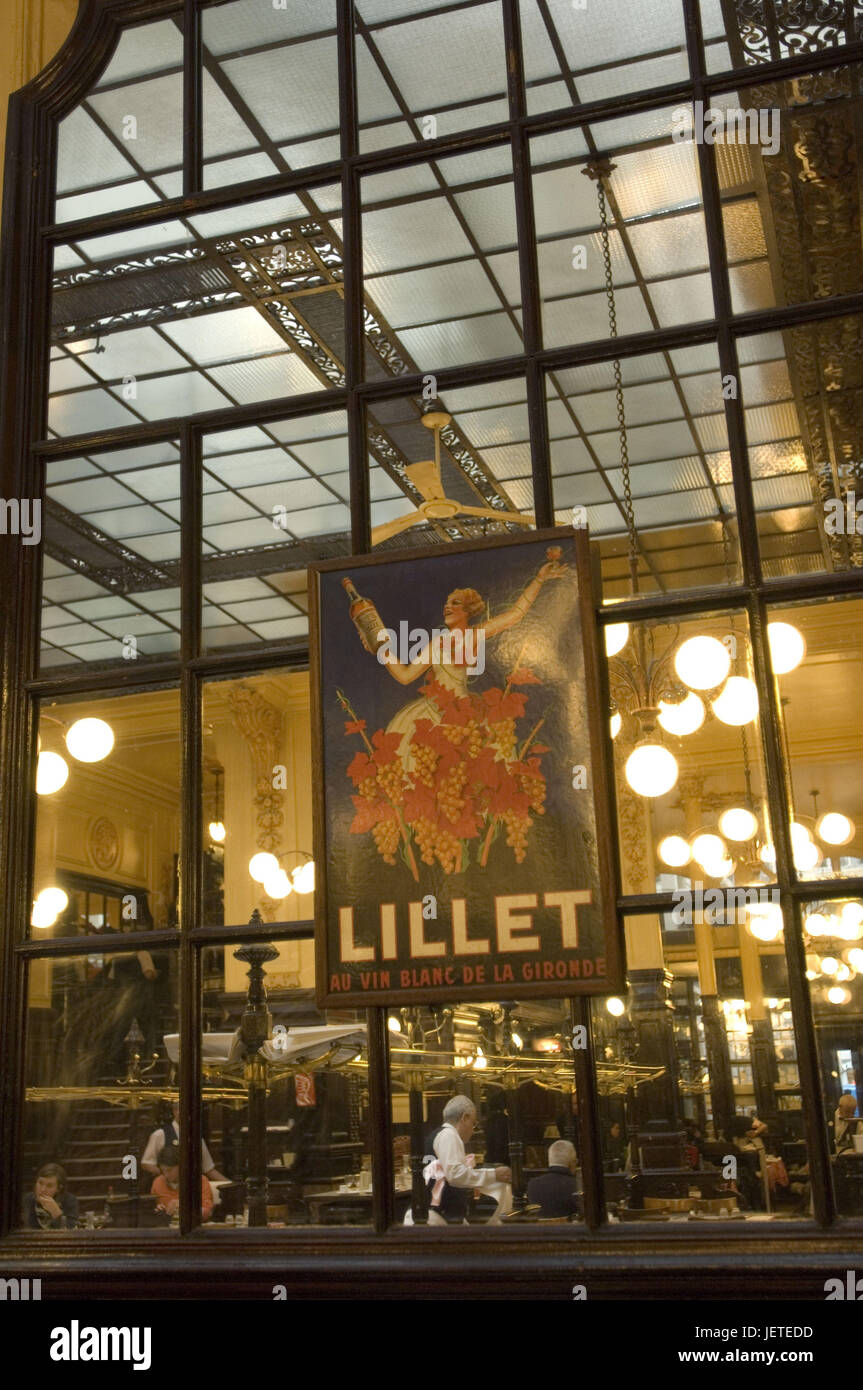 France, Paris, Rue Du Faubourg Montmartre, vous restaurant Chartier, chandelier, réduite, de l'affiche de publicité, windows, le modèle ne libération, Banque D'Images