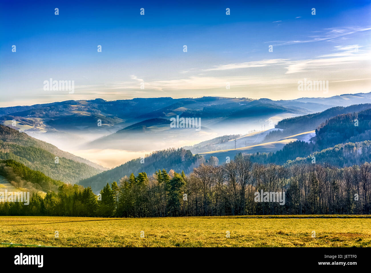 Scenic couleur impressionniste image d'un hiver brumeux matin lever de soleil sur un paysage vallonné de champs, forêt, le brouillard dans la vallée, sous ciel bleu Banque D'Images