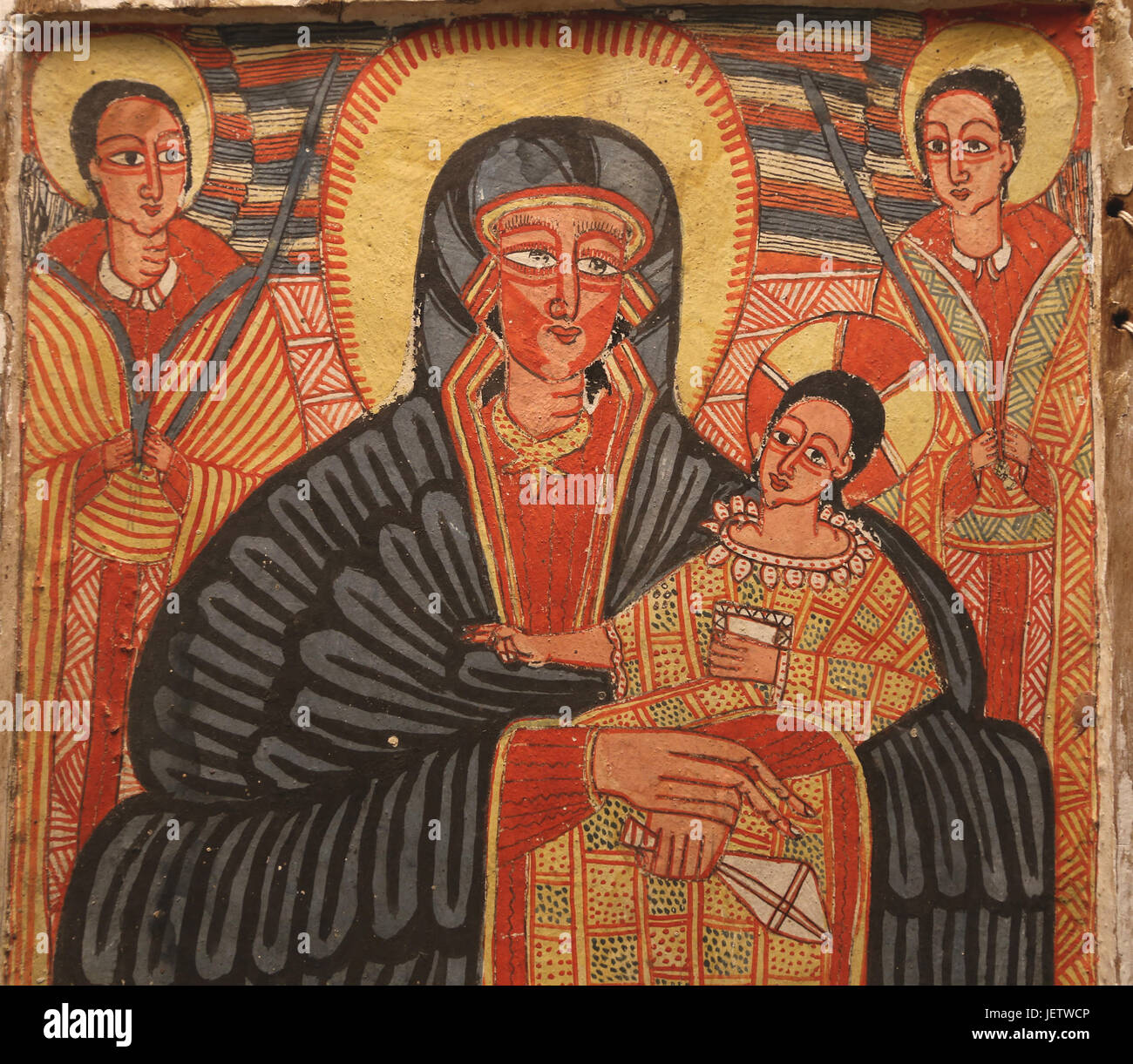 Triptyque avec Marie, des scènes de la vie de Jésus et des saints. L'art chrétien éthiopien fin du 17ème siècle. Peinture sur bois. Gondarene première période. Banque D'Images