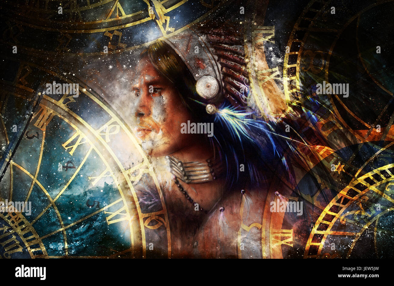 Guerrier indien portant une coiffe de plumes magnifiques. Esprit indien et l'heure concept avec zodiac. Cosmic Background. profil portrait. Banque D'Images