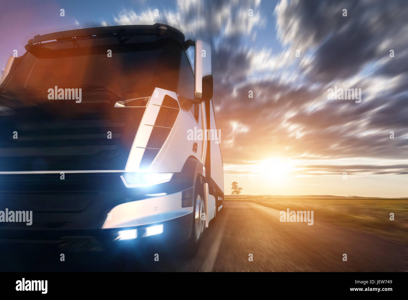 Camion de livraison de fret commercial avec remorque roulant sur l'autoroute au coucher du soleil. La conception des véhicules modernes générique. Le rendu 3D Banque D'Images