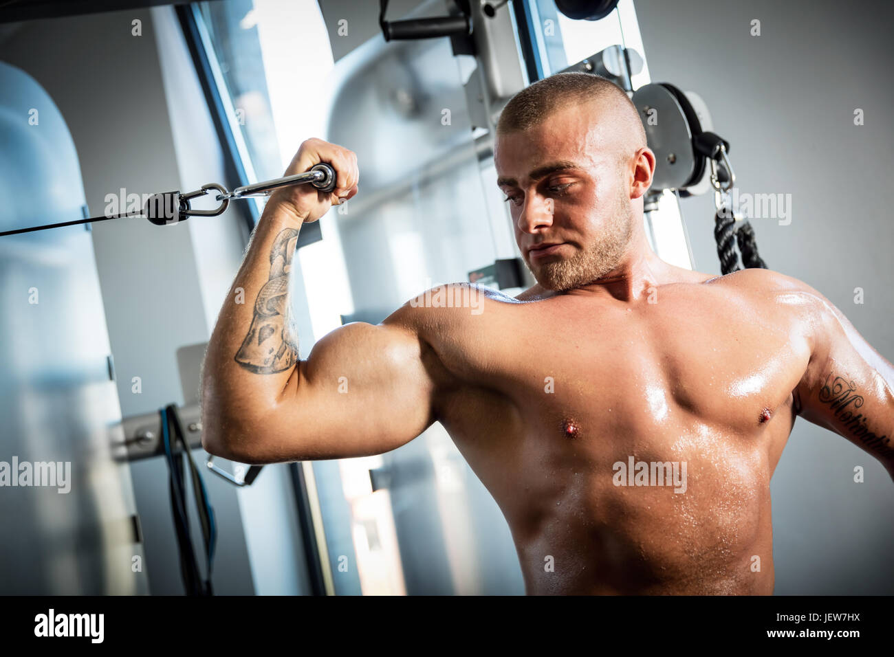 Solide, musclé homme travaillant sur l'utilisation de l'équipement de sport . Sport et concept de culturisme. Banque D'Images