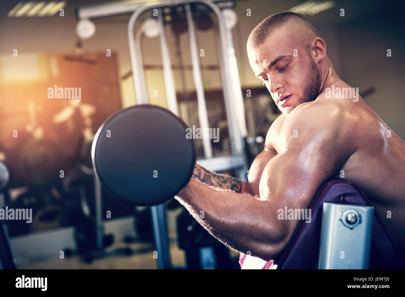 Homme travaillant sur musculaire avec haltères. La formation et le bras de levage de poids dans une salle de sport. Le sport et le culturisme. Banque D'Images