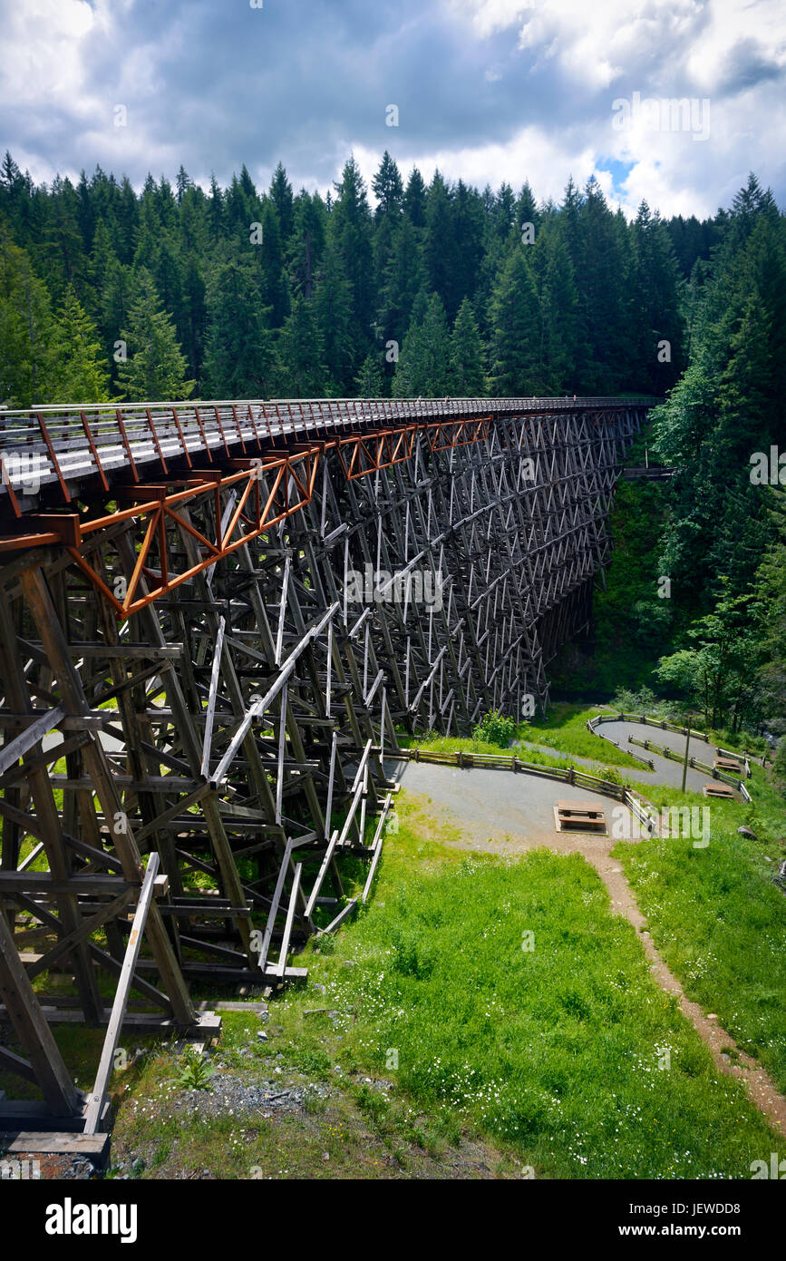 Kinsol Trestle cadre en bois pont sur rivière Kokshilah, nature, paysage d'été au lac Shawnigan, île de Vancouver, Colombie-Britannique, Canada Banque D'Images