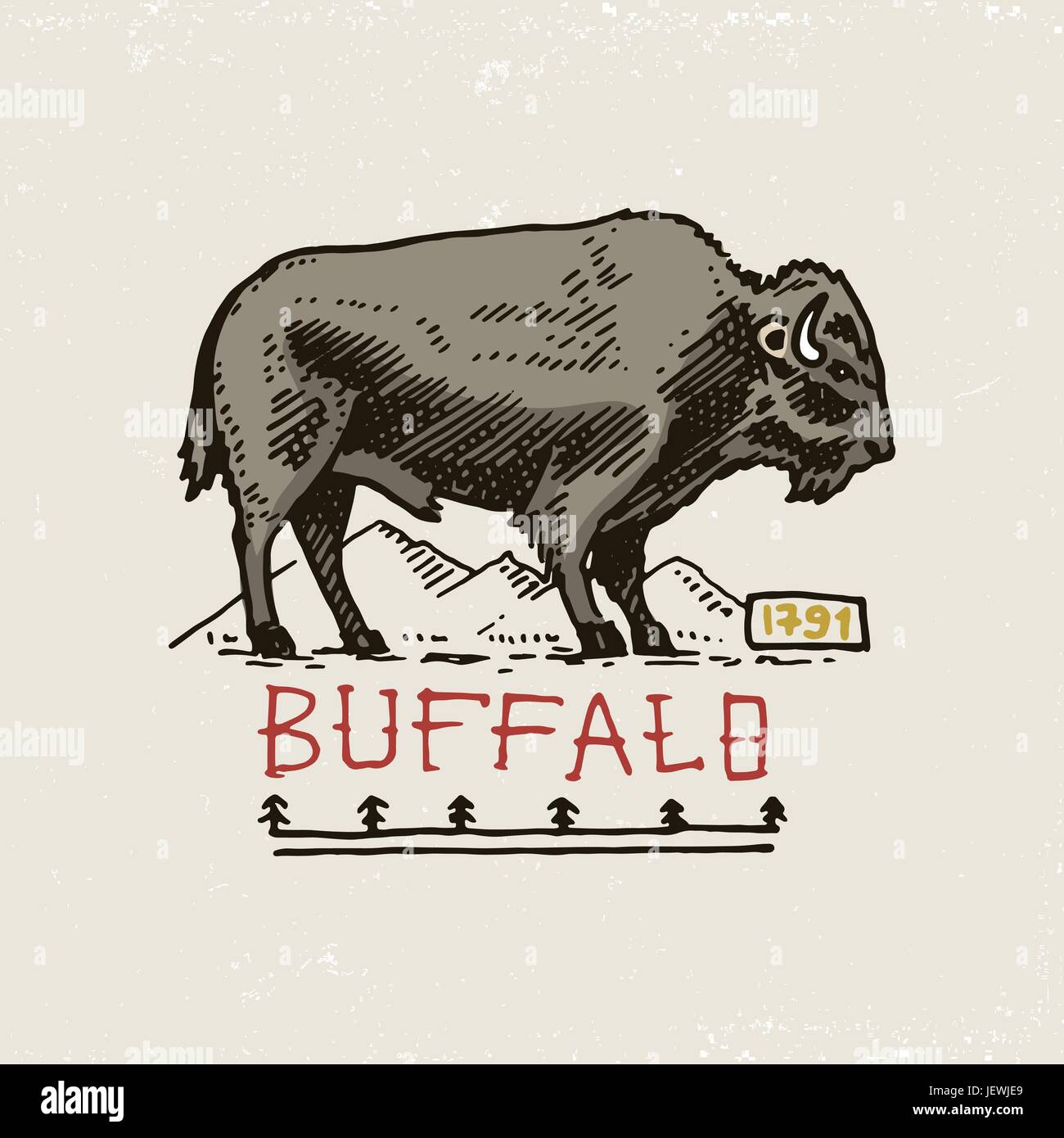 Ensemble de vintage, gravé à la main, vieux, ou étiquettes d'Indien ou d'Américains autochtones. buffalo. Illustration de Vecteur