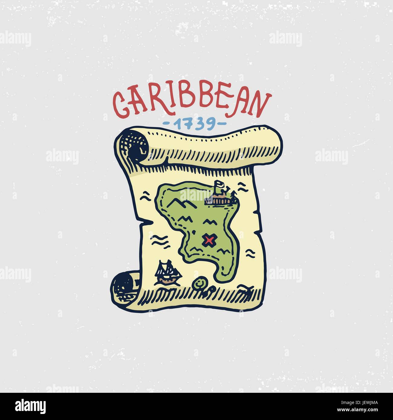 Ensemble de gravés, dessinés à la main, vieux, ou étiquettes de corsaires, la carte de trésor, l'île des Caraïbes. Pirates et marines ou nautique mer, emblème de l'océan. Illustration de Vecteur