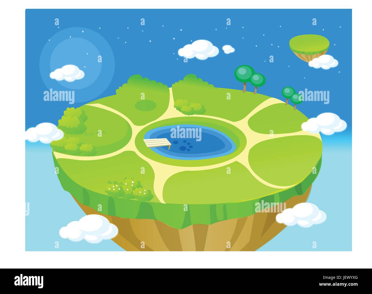 Bleu, vert, arbres, arbre, nuage, fantasy, illustration, horizontale, à l'extérieur, Illustration de Vecteur