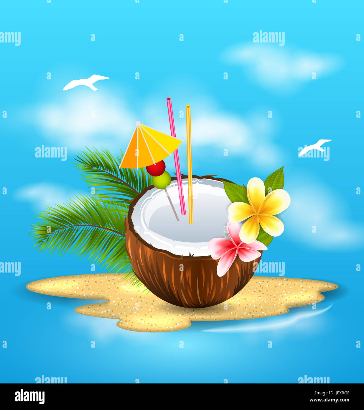 Illustration de Coco exotique cocktail avec de frangipaniers et feuilles de palmier. Contexte - L'été Banque D'Images