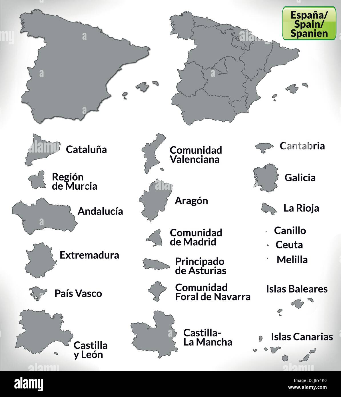 L'Espagne, carte, contours, de l'administration, des frontières, de l'état, atlas, carte du monde, Illustration de Vecteur