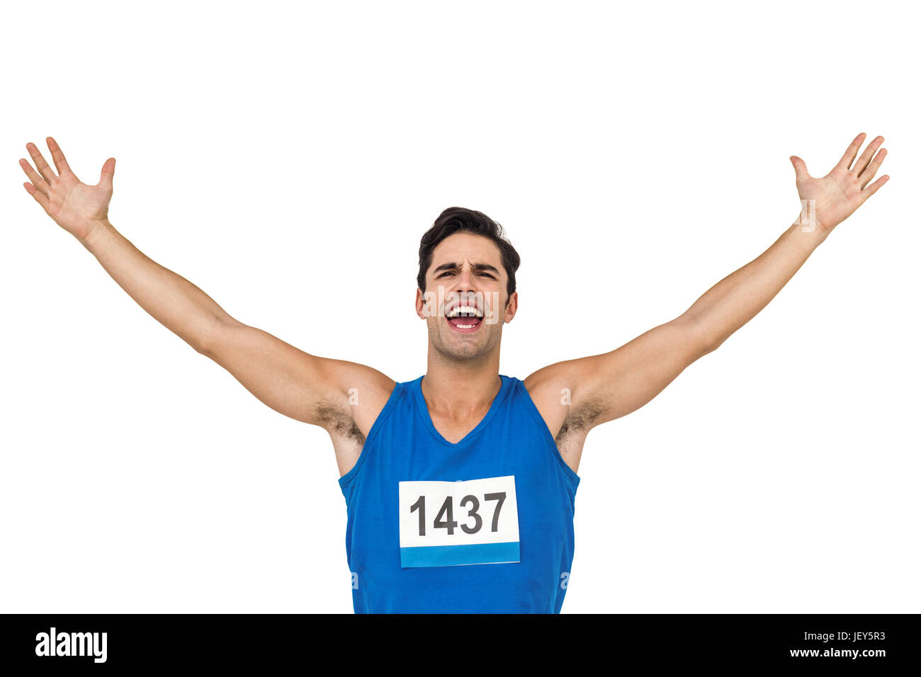 Après la victoire de l'athlète masculin posing Banque D'Images