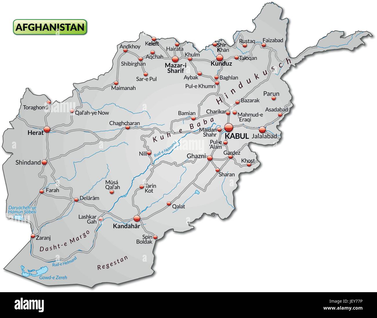 La carte de l'afghanistan avec réseau de transport dans la région de Gray Illustration de Vecteur
