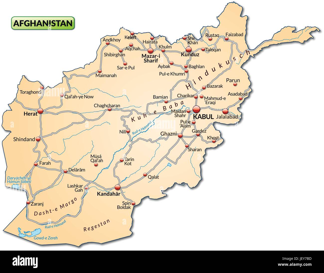 La carte de l'afghanistan avec réseau de transport dans l'orange pastel Illustration de Vecteur