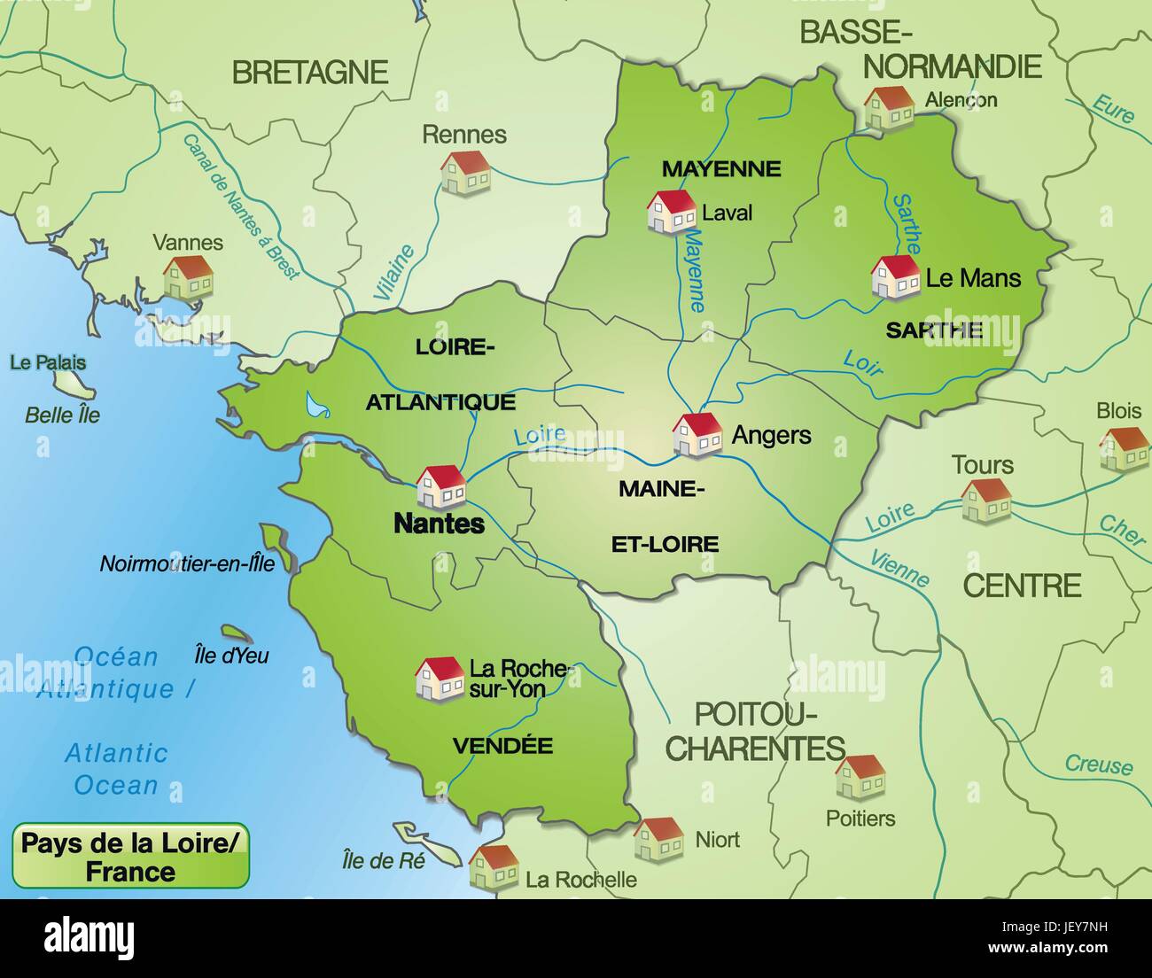 Carte des Pays-de-la-Loire avec bordures en vert Illustration de Vecteur