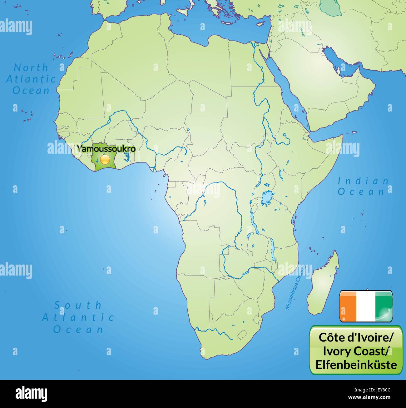 La carte de la côte d'ivoire avec les capitales en vert Illustration de Vecteur