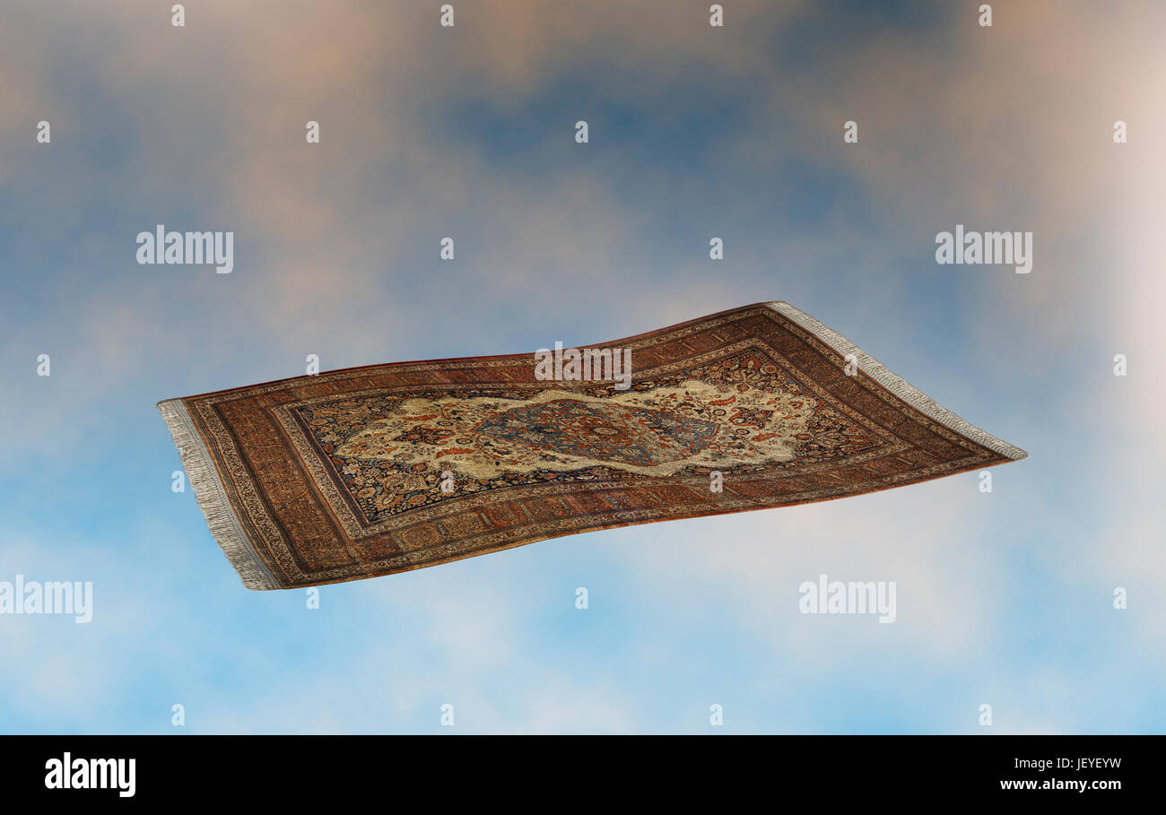 Tapis volant surréaliste contre un coucher de nuages. Le rendu 3D Banque D'Images