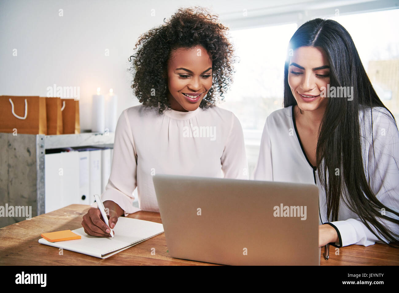 Deux jeunes femmes ambitieux associés dans une nouvelle petite entreprise de démarrage qui travaillent ensemble à un ordinateur portable de la planification de leur stratégie comme une équipe Banque D'Images
