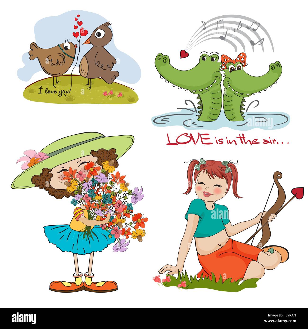 Oiseau, fleur, plante, collection, série, bonheur, cupidon, cartoon, vecteur, l'amour, Illustration de Vecteur