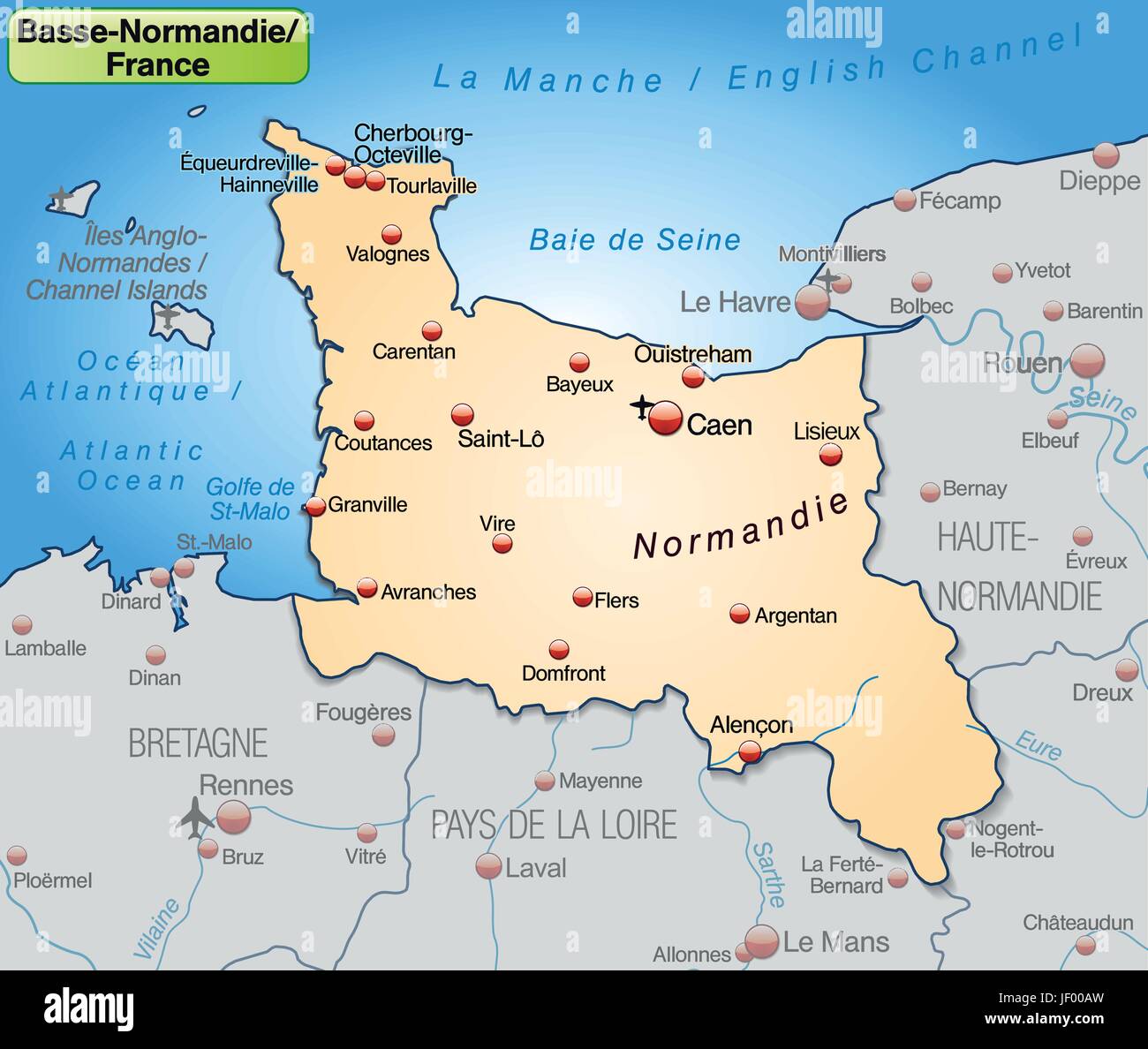 Plan de Basse-Normandie comme une carte d'aperçu dans pastelorange Illustration de Vecteur