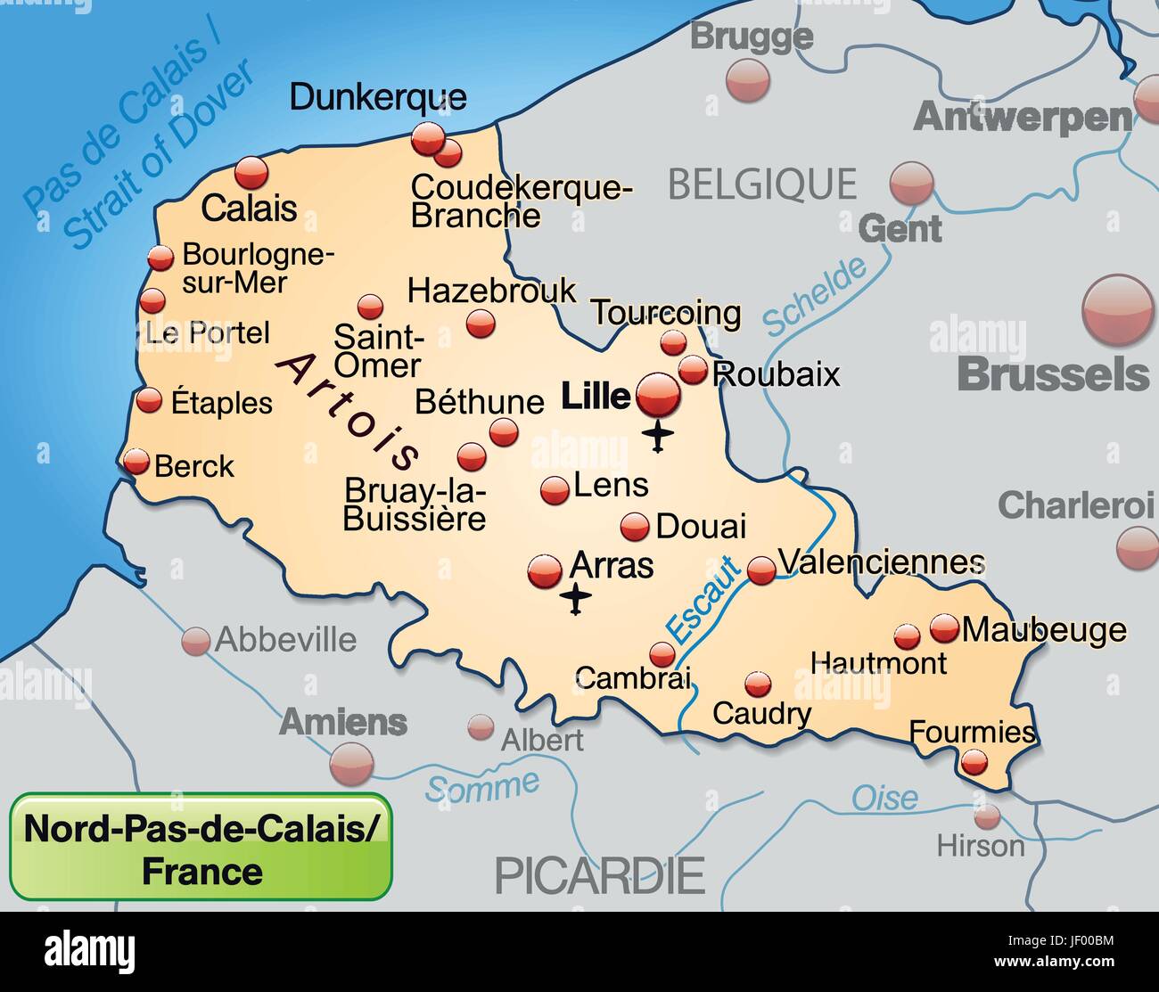 Nord-Pas-de-Calais en France comme une carte de l'environnement de toutes les informations topographiques dans l'appel d'orange pastel. Illustration de Vecteur