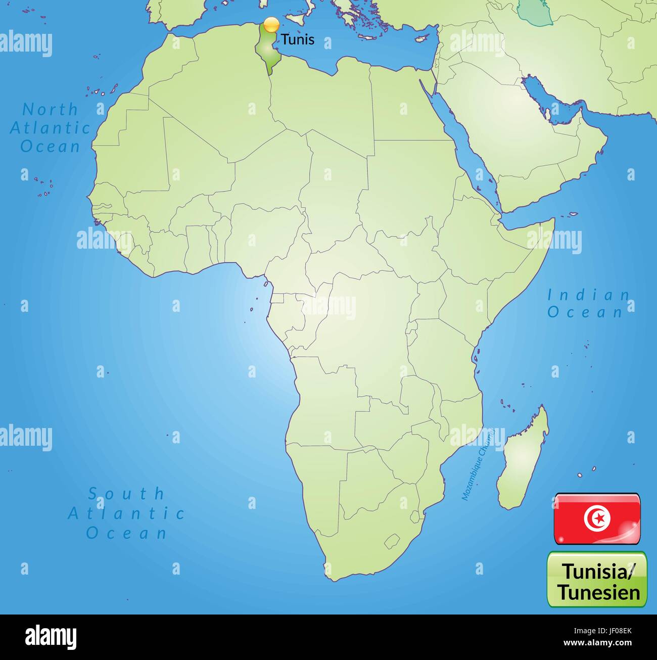 Carte de la Tunisie avec les capitales en vert Illustration de Vecteur